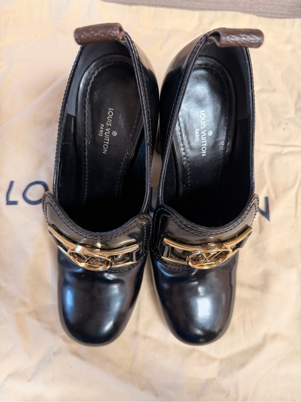 Louis Vuitton Black Patent Leather Heeled Loafers with Gold LV Hardware - Picture 8 of 14